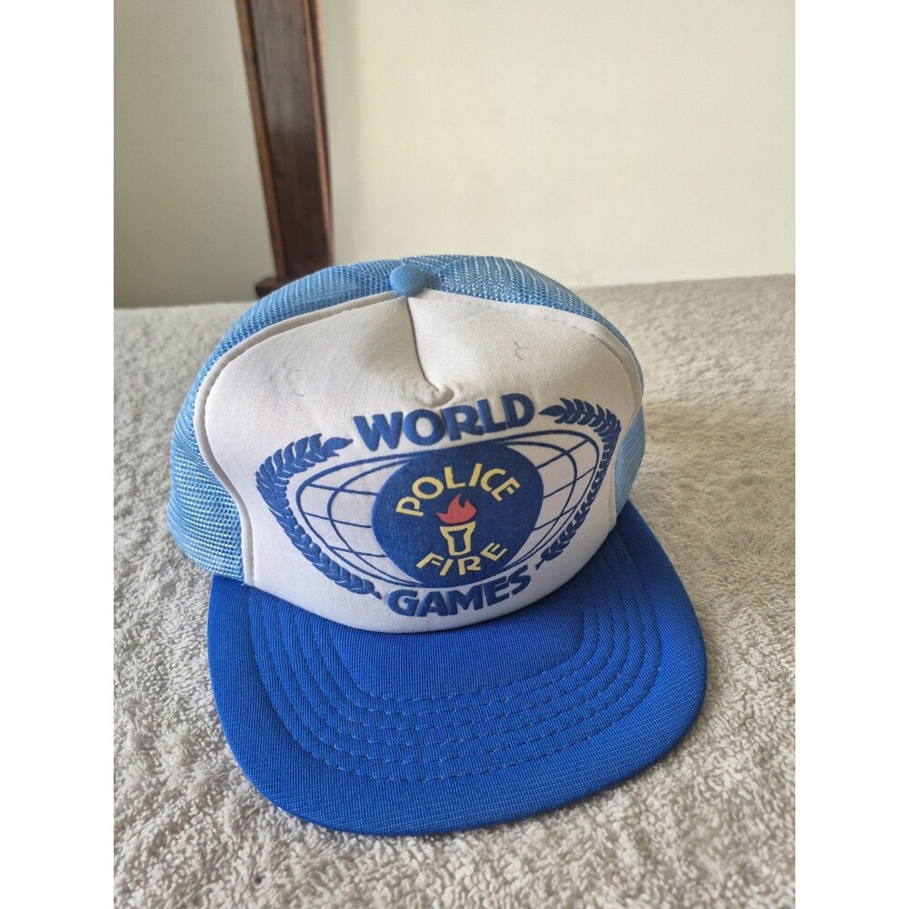 Vintage World Police Fire Games Trucker Hat Snapback Blue Mesh 1980s 90s